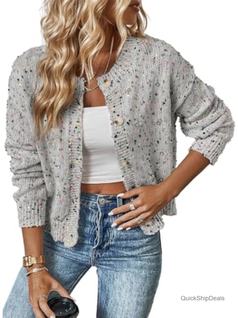 Women's Elegant Rhinestone Confetti Cardigan Sweater Long Sleeve Open Front